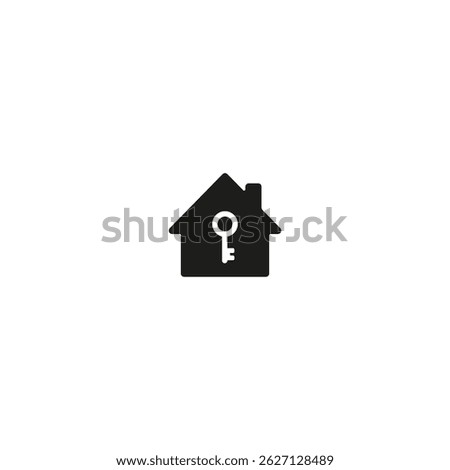 Black house icon with white key silhouette in the center, symbolizing secure access, home safety, private property, or smart lock systems.