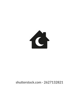 Black house icon with white moon inside, representing nighttime calm, home rest, secure sleep, and automated environments in smart houses.