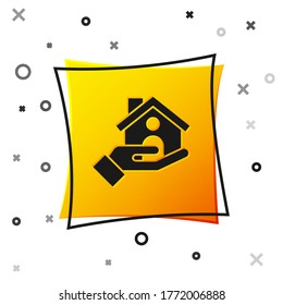 Black House insurance icon isolated on white background. Security, safety, protection, protect concept. Yellow square button. Vector.
