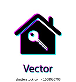 Black House with key icon isolated on white background. The concept of the house turnkey.  Vector Illustration