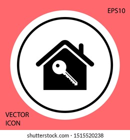 Black House with key icon isolated on red background. The concept of the house turnkey. White circle button. Vector Illustration
