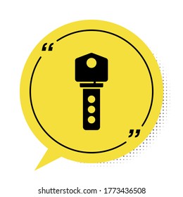 Black House key icon isolated on white background. Yellow speech bubble symbol. Vector