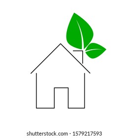 Black house outline with green leaves isolated on white background. Vector illustration, sign, symbol or icon. The concept of a green house or a house with alternative renewable energy