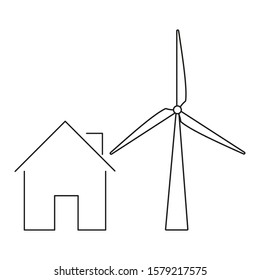 Black house outline with wind generator or Windmill isolated on white background. Vector illustration, sign, symbol or icon. The concept of a green house or a house with alternative renewable energy