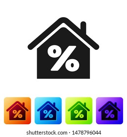 Black House with percant discount tag icon isolated on white background. House percentage sign price. Real estate home. Credit percentage symbol. Set icons in color square buttons. Vector Illustration