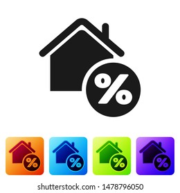 Black House with percant discount tag icon isolated on white background. House percentage sign price. Real estate home. Credit percentage symbol. Set icons in color square buttons. Vector Illustration