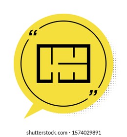 Black House plan icon isolated on white background. Yellow speech bubble symbol. Vector Illustration