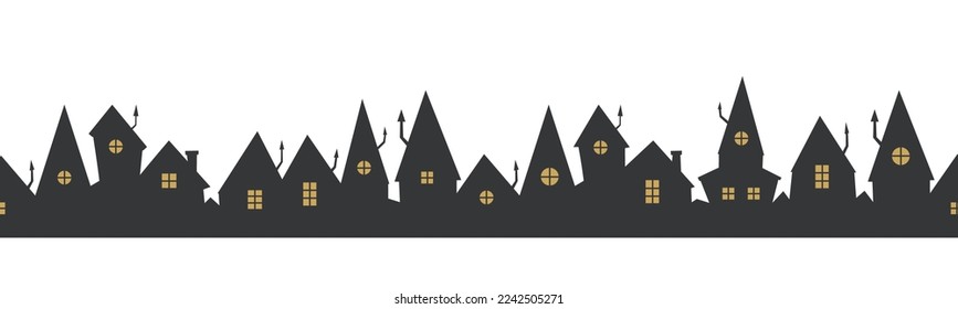 Black house row seamless border. Vector black city silhouette on white background.