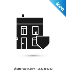 Black House with shield icon isolated on white background. Insurance concept. Security, safety, protection, protect concept.  Vector Illustration
