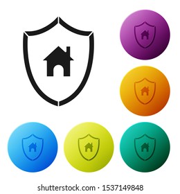 Black House with shield icon isolated on white background. Insurance concept. Security, safety, protection, protect concept. Set icons colorful circle buttons. Vector Illustration
