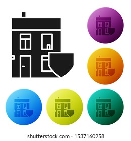 Black House with shield icon isolated on white background. Insurance concept. Security, safety, protection, protect concept. Set icons colorful circle buttons. Vector Illustration