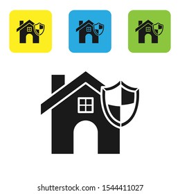 Black House with shield icon isolated on white background. Insurance concept. Security, safety, protection, protect concept. Set of colorful square icon buttons. Vector Illustration