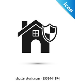 Black House with shield icon isolated on white background. Insurance concept. Security, safety, protection, protect concept.  Vector Illustration