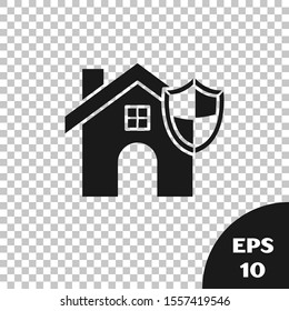 Black House with shield icon isolated on transparent background. Insurance concept. Security, safety, protection, protect concept.  Vector Illustration
