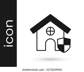 Black House with shield icon isolated on white background. Insurance concept. Security, safety, protection, protect concept.  Vector