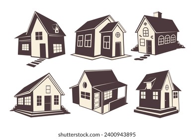 Black House Silhouette Set Collection, vintage house and building real estate architecture, cottage, apartment construction, vector illustration