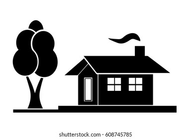 black house silhouette vector with tree garden isolated on white background