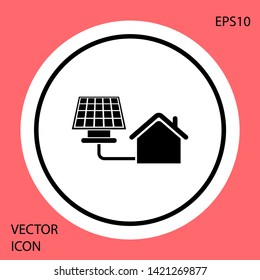Black House with solar panel icon isolated on red background. Ecology, solar renewable energy. Eco-friendly house. Environmental Protection. White circle button. Vector Illustration