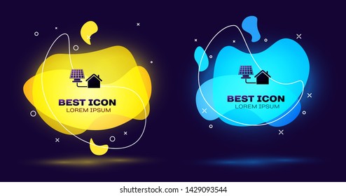 Black House with solar panel icon isolated. Ecology, solar renewable energy. Eco-friendly house. Environmental Protection. Set of liquid color abstract geometric shapes. Vector Illustration
