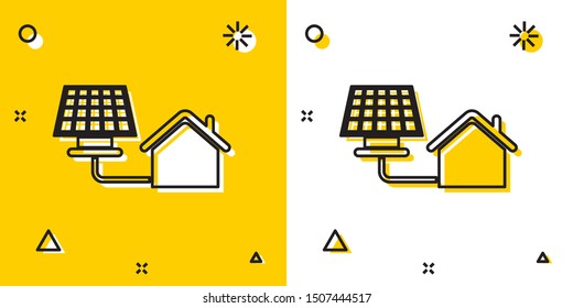 Black House with solar panel icon isolated on yellow and white background. Ecology, solar renewable energy. Eco-friendly house. Environmental Protection. Random dynamic shapes. Vector Illustration
