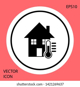 Black House temperature icon isolated on red background. Thermometer icon. White circle button. Vector Illustration
