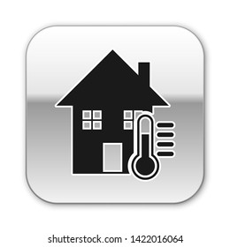 Black House temperature icon isolated on white background. Thermometer icon. Silver square button. Vector Illustration