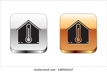 Black House temperature icon isolated on white background. Thermometer icon. Silver-gold square button. Vector Illustration