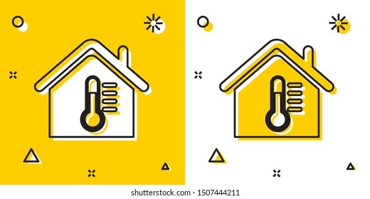 Black House temperature icon isolated on yellow and white background. Thermometer icon. Random dynamic shapes. Vector Illustration
