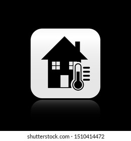 Black House temperature icon isolated on black background. Thermometer icon. Silver square button. Vector Illustration