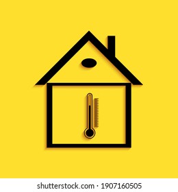 Black House Temperature Icon Isolated On Yellow Background. Thermometer Icon. Long Shadow Style. Vector.