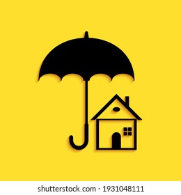 Black House with umbrella icon isolated on yellow background. Real estate insurance symbol. Protection, safety, security, protect, defense concept. Long shadow style. Vector