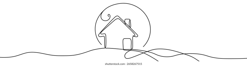 Black house under moon in single line art style. Editable minimalist house drawing on white background. Vector illustration.