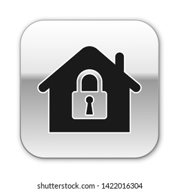 Black House under protection icon isolated on white background. Home and lock. Protection, safety, security, protect, defense concept. Silver square button. Vector Illustration