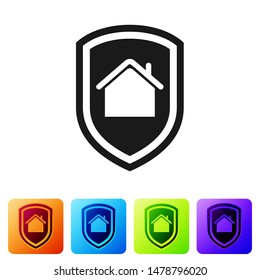 Black House under protection icon isolated on white background. Home and shield. Protection, safety, security, protect, defense concept. Set icons in color square buttons. Vector Illustration
