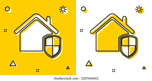 Black House under protection icon isolated on yellow and white background. Home and shield. Protection, safety, security, protect, defense concept. Random dynamic shapes. Vector Illustration
