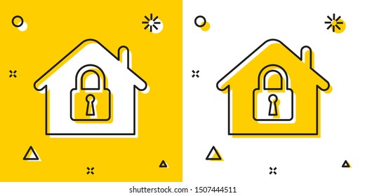 Black House under protection icon isolated on yellow and white background. Home and lock. Protection, safety, security, protect, defense concept. Random dynamic shapes. Vector Illustration