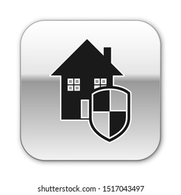 Black House under protection icon isolated on white background. Home and shield. Protection, safety, security, protect, defense concept. Silver square button. Vector Illustration