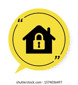 Black House under protection icon isolated on white background. Home and lock. Protection, safety, security, protect, defense concept. Yellow speech bubble symbol. Vector Illustration