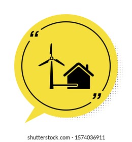 Black House with wind turbine for electric energy generation icon isolated on white background. Eco-friendly house. Environmental Protection. Yellow speech bubble symbol. Vector Illustration