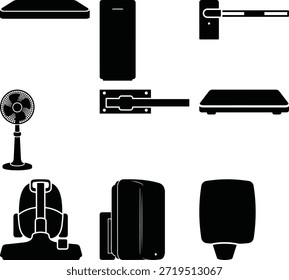 Black Household Appliances e Utility Objects Solid Icon Set Isolado no Fundo Branco
