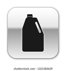 Black Household chemicals blank plastic bottle icon isolated on white background. Liquid detergent or soap, stain remover, laundry bleach. Silver square button. Vector Illustration