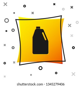 Black Household chemicals blank plastic bottle icon isolated on white background. Liquid detergent or soap, stain remover, laundry bleach. Yellow square button. Vector Illustration