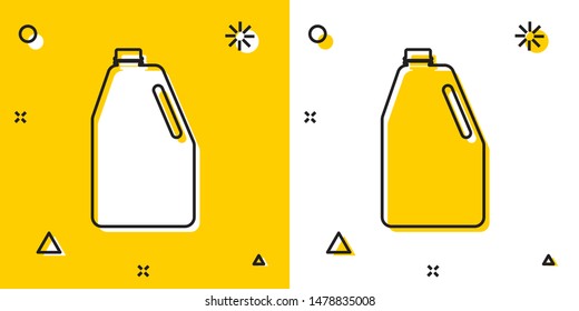 Black Household chemicals blank plastic bottle icon isolated on yellow and white background. Liquid detergent or soap, stain remover, laundry bleach. Random dynamic shapes. Vector Illustration