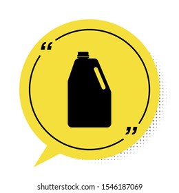 Black Household chemicals blank plastic bottle icon isolated on white background. Liquid detergent or soap, stain remover, laundry bleach. Yellow speech bubble symbol. Vector Illustration