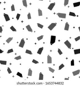 Black Household chemicals blank plastic bottle icon seamless pattern on white background. Liquid detergent or soap, stain remover, laundry bleach, bathroom or toilet cleaner. Vector Illustration