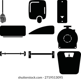 Black Household Cleaner e Utility Objects Solid Icon Set Isolado no Fundo Branco
