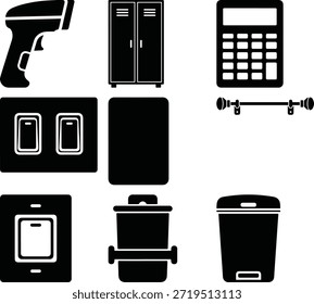 Black Household Equipment and Utility Objects Solid Icon Set Isolado no Fundo Branco
