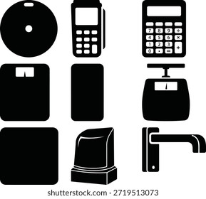 Black Household Measurement and Utility Objects Solid Icon Set Isolado no Fundo Branco
