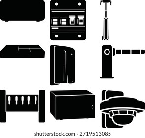 Conjunto de ícone sólido de equipamentos domésticos e utilitários preto isolado no fundo branco
