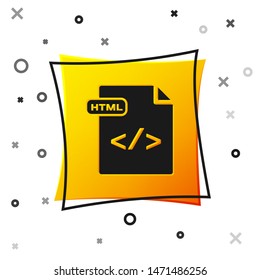 Black HTML file document. Download html button icon isolated on white background. HTML file symbol. Markup language symbol. Yellow square button. Vector Illustration